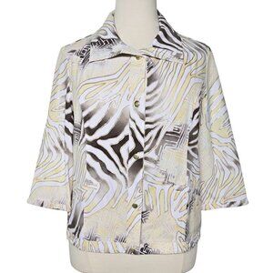 Chico's Zenergy White Yellow Brown Abstract Zebra Lightweight Snap-Up Jacket